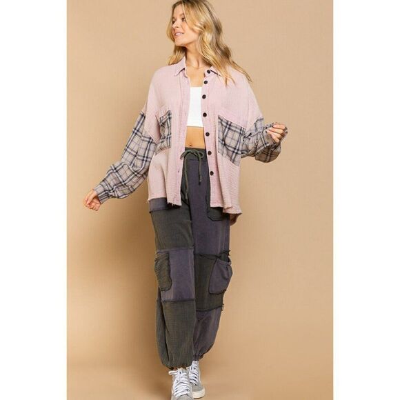 SALE! POL Clothing Long Sleeve Relaxed Fit Shacket Plaid Women's Mauve YKT19A - Picture 4 of 4